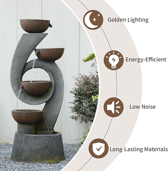 46.8''H Outdoor Water Fountains - 5-Tiered Garden Fountains Outdoor for Patio, Yard, Balcony, Porch, Modern Resin Waterfall Feature for Outside with Light, Cascading Bowl Water Feature Gray