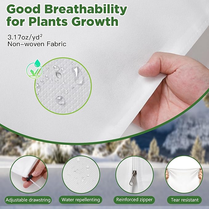 IPOW 4PCS Plant Covers Freeze Protection 47.3'' x 70.9", 3.17oz/yd² Thicken Plants Cover for Winter, Reusable Tree Frost Protection Covers Drawstring Bag with Zipper for Cold Winter Plants Protection