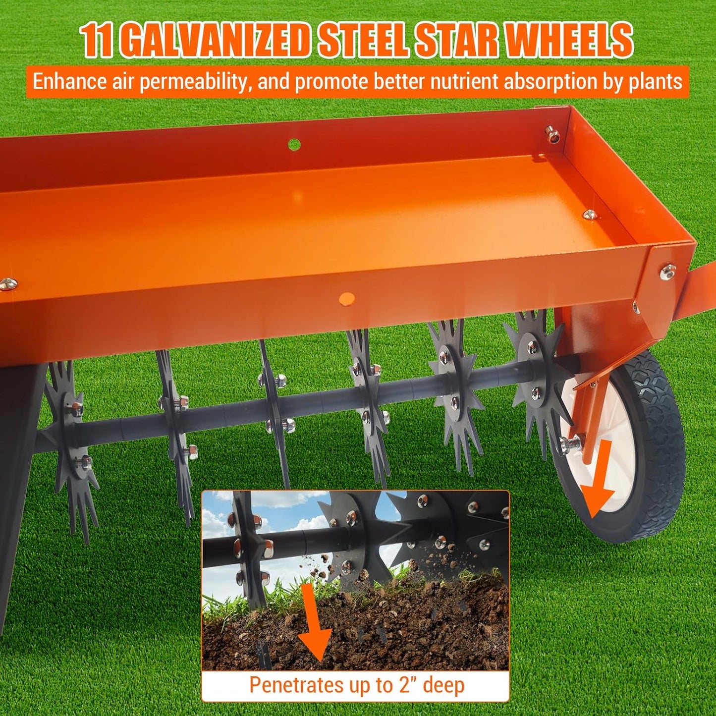 Tow Behind Aerator 40 Inch with Steel Teeth and Transport Wheels, Adjustable Handle Pull Behind Plug Aerator with Tray for Farm Lawn Garden, Durable Lawn Aeration Tool