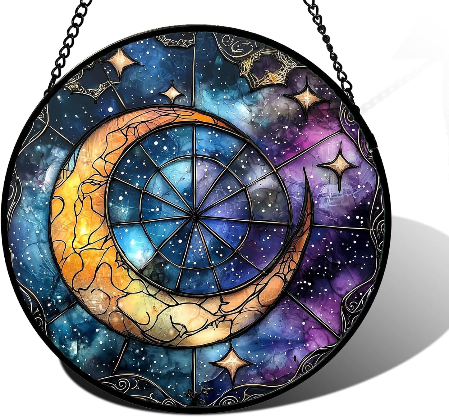 Stained Glass Window Hanging, Blue Starry Sky Moon Astrolabe Suncatcher for Doors Home Sun Catchers Decoration and Christmas, Mother's Day Birthday Gifts for Women, Men, and Mom 14.9x14.9 in