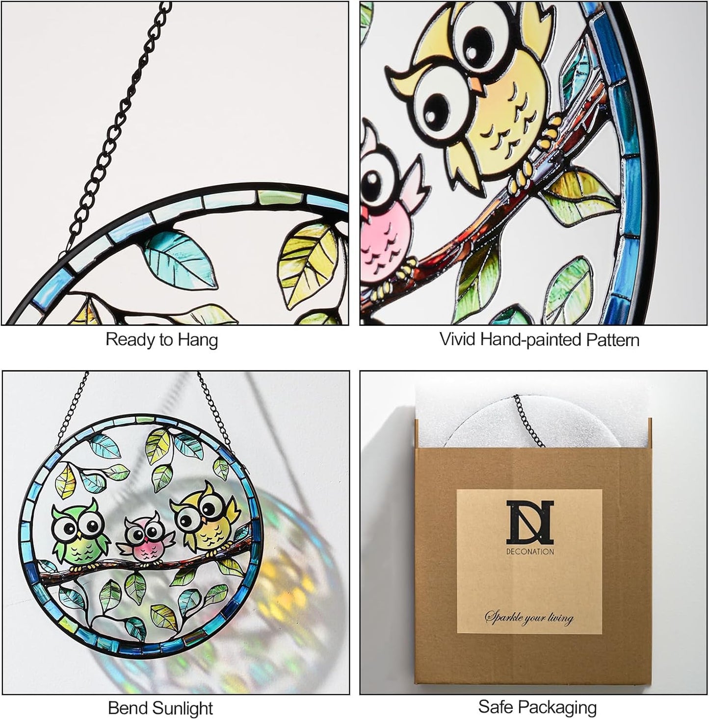 7.87” Owl Stained Glass Suncatcher - Hand-Painted Colorful Owls on Tree Window Hanging with Metal Chain, Vibrant Bird Decor for Indoor/Outdoor - Gift for Women, Mothers Day & Bird Lovers
