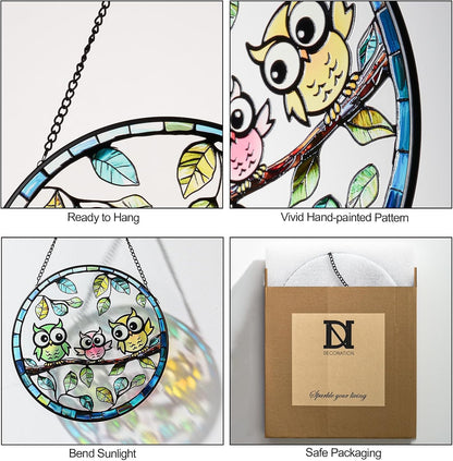 7.87” Owl Stained Glass Suncatcher - Hand-Painted Colorful Owls on Tree Window Hanging with Metal Chain, Vibrant Bird Decor for Indoor/Outdoor - Gift for Women, Mothers Day & Bird Lovers