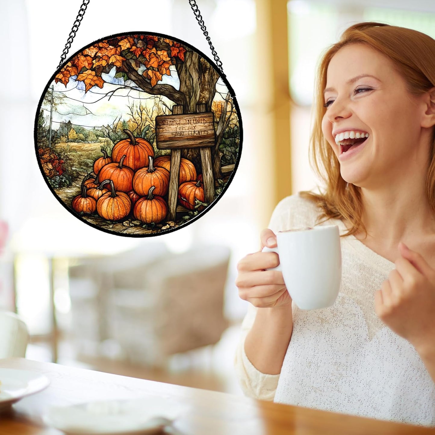 Stained Glass Window Hanging Fall Farm Scenery Maple Trees Pumpkin 9.8" - Suncatcher Door Garden Kitchen Sun Catcher Autumn Decor Birthday for Mom Nana Men Woman Friend