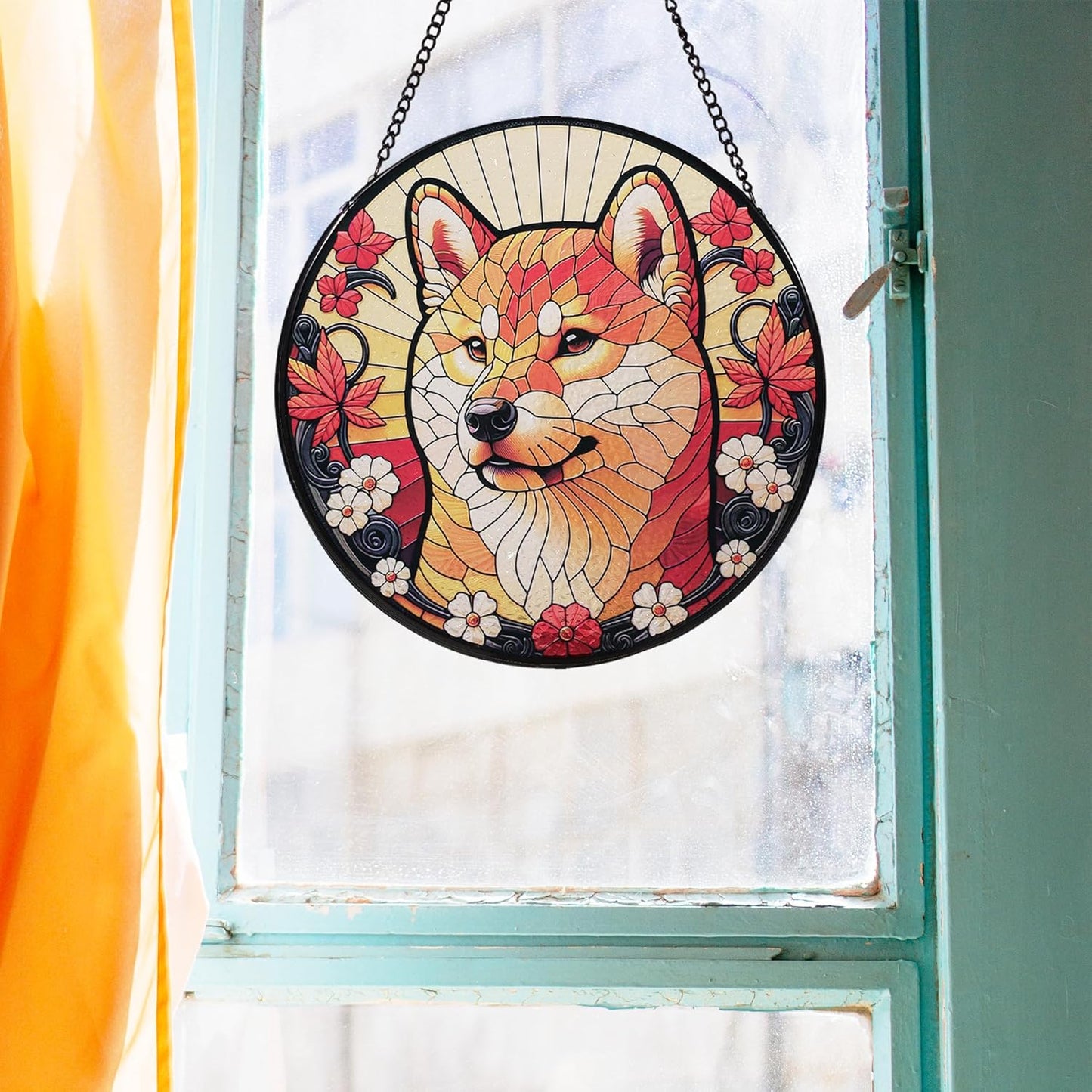 Stained Glass Dog Memorial Suncatcher,Shiba Inu Window Hanging,Sympathy Gifts for Pet Loss,7.9 inch/20 cm Home and Garden Decor for Dog Lovers (Shiba Inu)