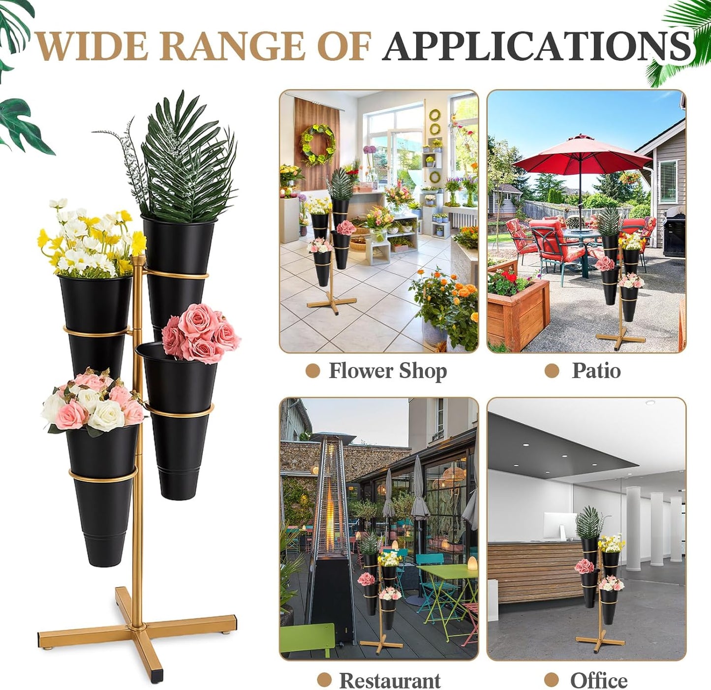 Flower Display Stand with 4 Plastic Buckets, Rotatable Metal Flower Stand Gold Plant Stands 4 Tier Florist Shelf Plant Cart for Patio Garden Living Room Indoor Outdoor Home Decoration (Black)