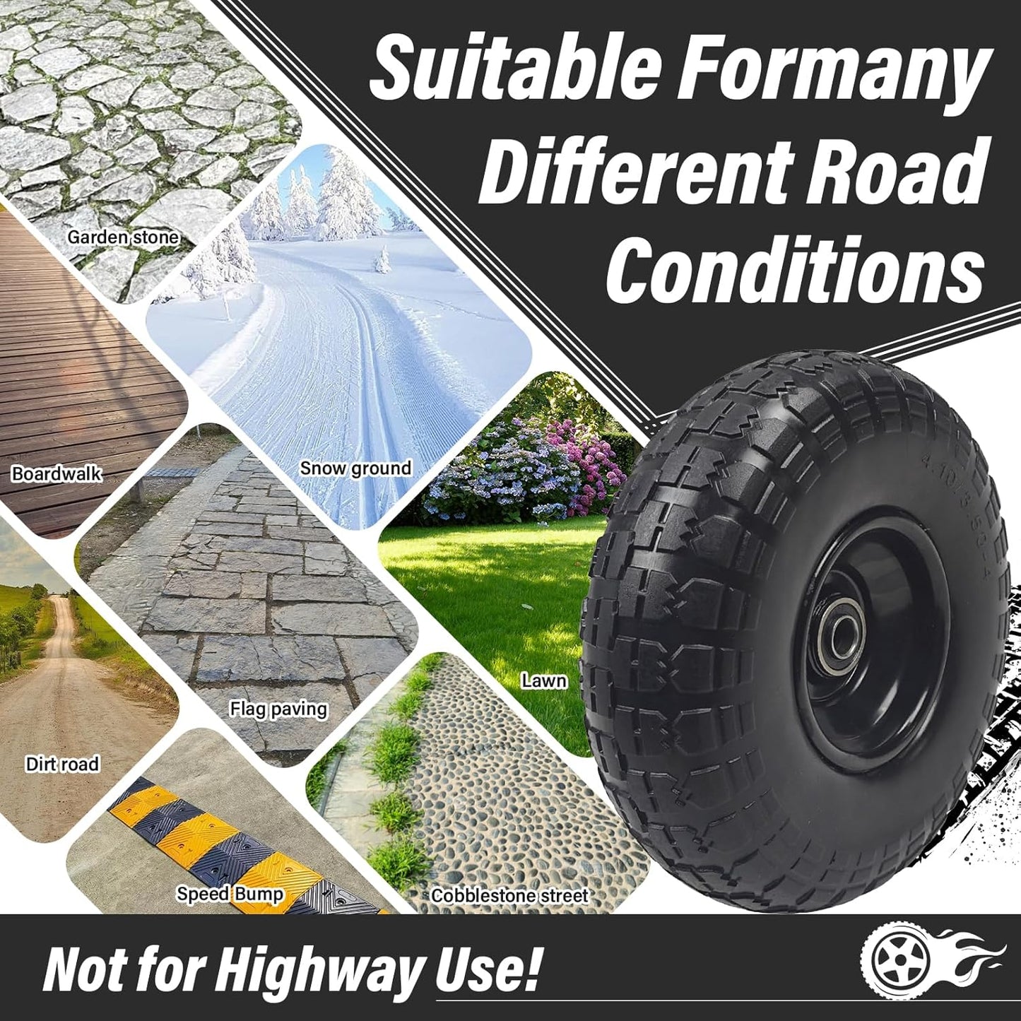 10" Solid Rubber Tires, 2 Pack Flat Free 4.10/3.50-4'' Wheels with 5/8” Axle Bore Hole and Double Sealed Bearings - Compatible with Hand Truck, Wheelbarrow, Dolly, Gorilla Carts, Black
