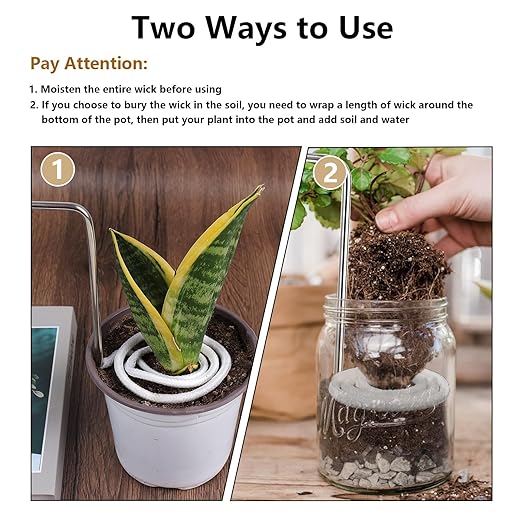 2Pcs Self-Watering Wick System, Stainless Steel Plant Automatic Watering Device with Self Watering Capillary Wick Cord, Passive Lazy Automatic Drip Irrigation for House Plants (M)