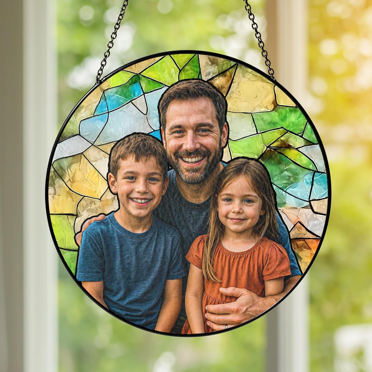 NAZENTI Personalized Dad Stained Glass Suncatcher, Custom Photo Family Portrait Window Hanging Ornament, Fathers Day Grandpa Dad Gifts from Son Daughter, Gifts for Papa Husband, Grandpa Suncatcher