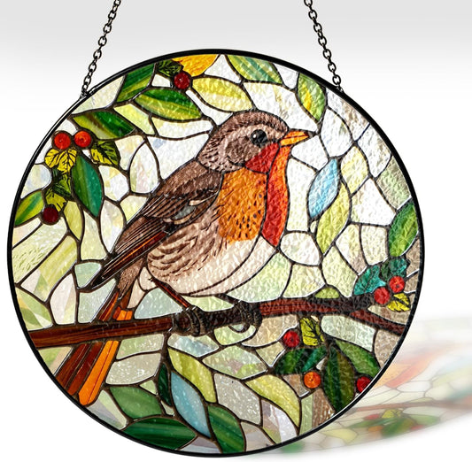 7.8" Robin Stained Glass Suncatcher, Bird for Window Hanging, Suncatcher Art Decor for Home Garden