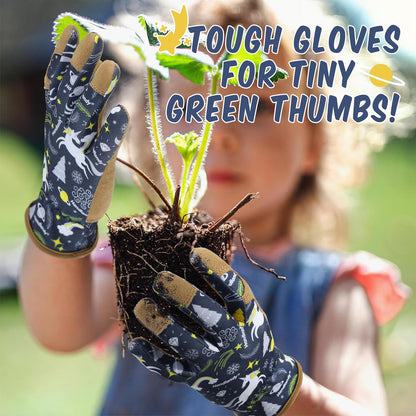 HANDLANDY 2 Pairs Kids Genuine Leather Gardening Gloves for ages 3-11, Children Toddler Work Outdoor Playing Gloves for Boys Girls Gift (Large (for age 8-11), Blue)