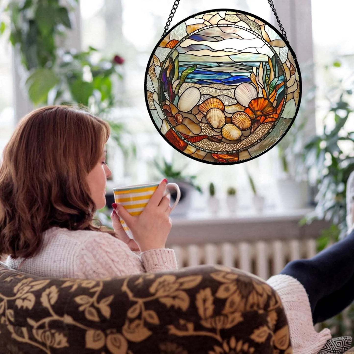 Stained Glass Window Hanging Conch Shells Ocean Seaweed Large 11.8" - Suncatcher Door Garden Sunroom Sun Catcher Home Decor Housewarming Birthday for Mom Grandma Men Woman