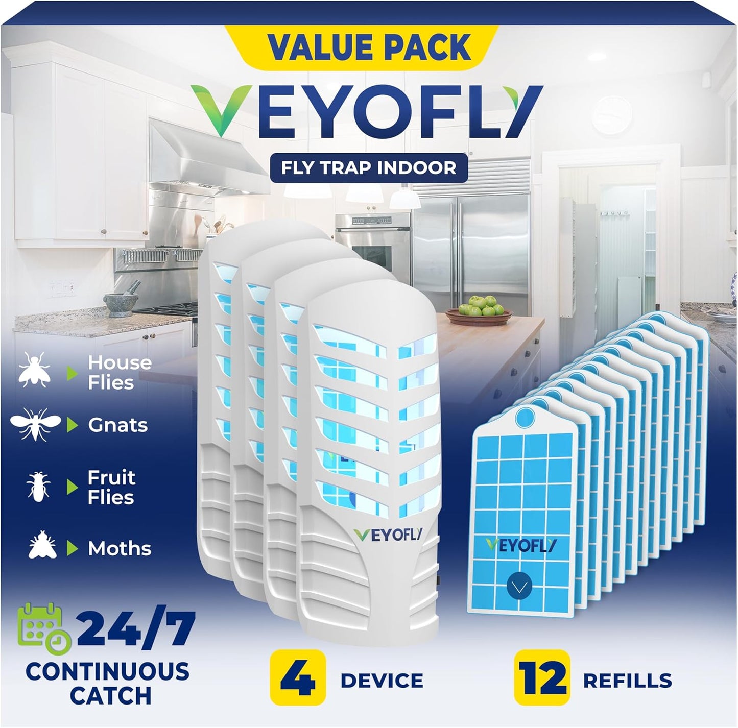 VEYOFLY Fruit Fly Traps for Indoors, Fly Trap Indoor, (4 Device + 12 Refills) Fly Catcher Indoor, Gnat Traps for House Indoor, Fly Trap, Plug in Light Flying Insect Trap, Bug Killer