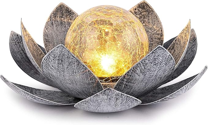Huaxu Solar Lights Outdoor Garden, Crackle Globe Glass Lotus Decor, Waterproof LED Metal Flower Decorations for Patio,Lawn,Walkway,Tabletop,Ground