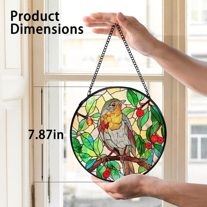 TNUW Bird Stained Glass Window Hanging, Bird Botanical Sun Catchers Indoor Window Glass Round Wall Art Decor, Birds Lover Gifts Wall Hanging Decorations, 7.9＂x7.9＂