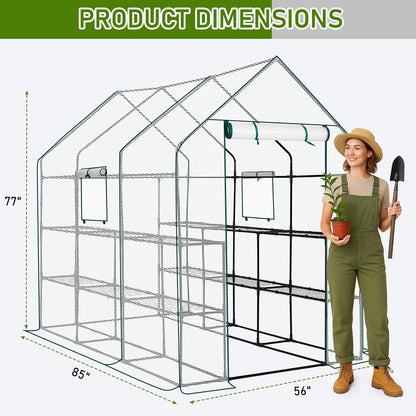 Outvita Walk-in Greenhouse, Outdoor Durable PE Plant Green House for Frost Protection with 3 Tiers 12 Shelves, Shelf Clips, Roll-up Zipper Door, 56"x85"x77" White