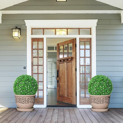 Goplus 2 PCS 19.5 Inch Artificial Plant Topiary Ball, Round Holly Faux Boxwood Balls Outdoor with White Flowers, Garden Spheres Decorative for Front Door, Porch, Backyard, Balcony, Patio, Wedding