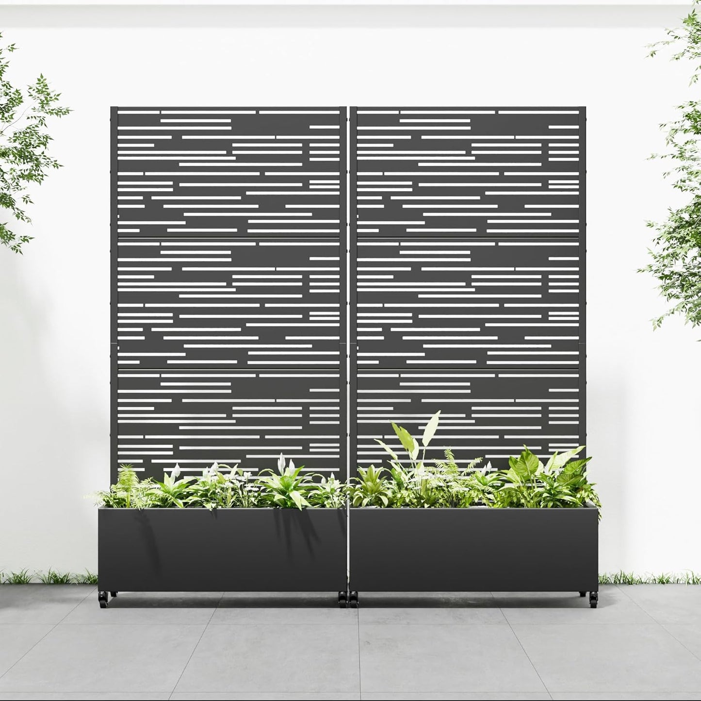 Casaphoria 72"x35" Metal Raised Garden Bed with Trellis(2 Pack), Outdoor Planter Box with Wheels & Drainage Holes for Climbing Plants, Flowers, Elevated Garden Kit with Privacy Screen, Black-Shine