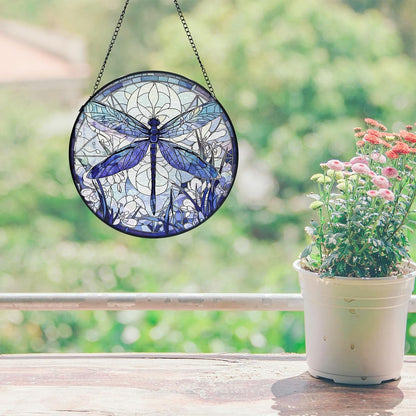 Dragonfly Decor Suncatcher Stained Glass Window Hanging - Handmade Artistic Suncatchers for Windows Hanging，6.3 inch