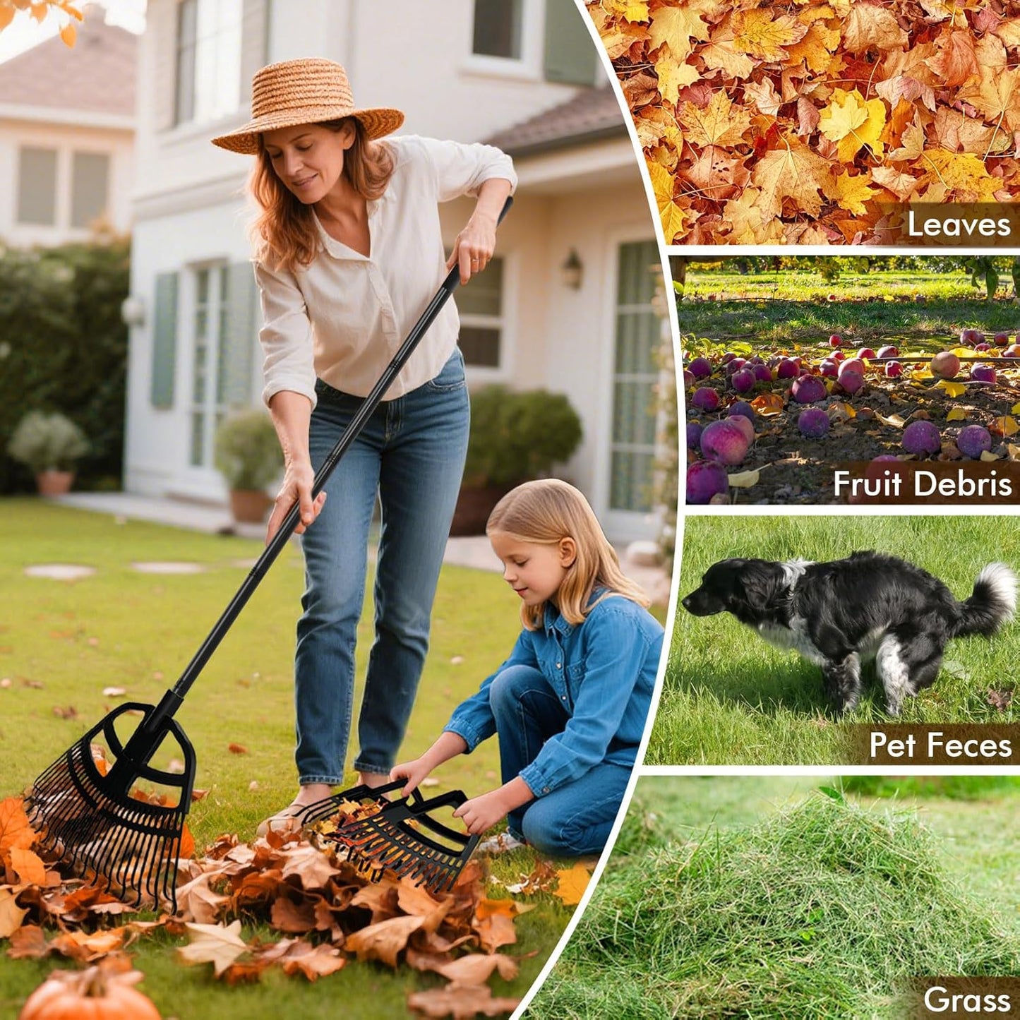 2 in 1 Garden Leaf Rake & Leaf Scoops, Adjustable Leaf Rake for Lawns with Grabber, Hand Rakes for Picking Up Leaves,Pine Needles, Gravel