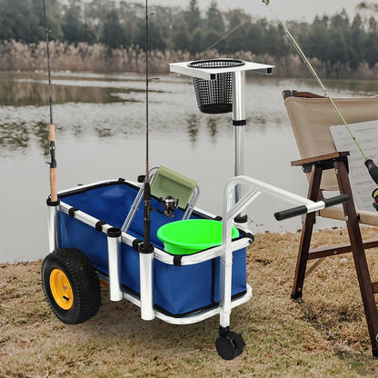 Outdoor Fishing Cart, Aluminum Frame and Trolley Folding Garden Beach Cart Outdoor Camper with 4 Holes and Wheels Capacity 176.4 lbs (Silver and Blue)