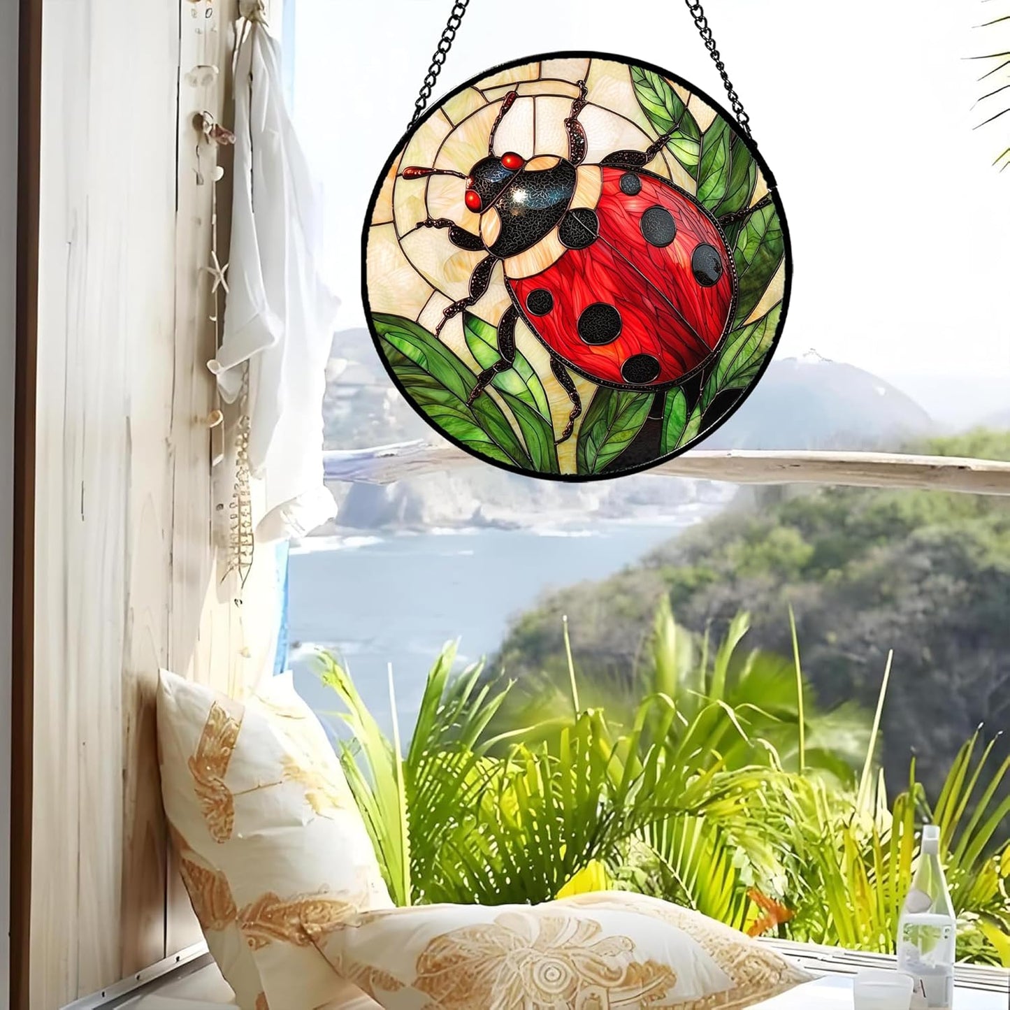 Stained Glass Window Hanging - Red Seven-Spotted Ladybug Sun Catcher for Door Home Decor Insect Suncatcher Christmas Mother's Day Birthday Gifts for Women Men Mom Nana 11.8 in