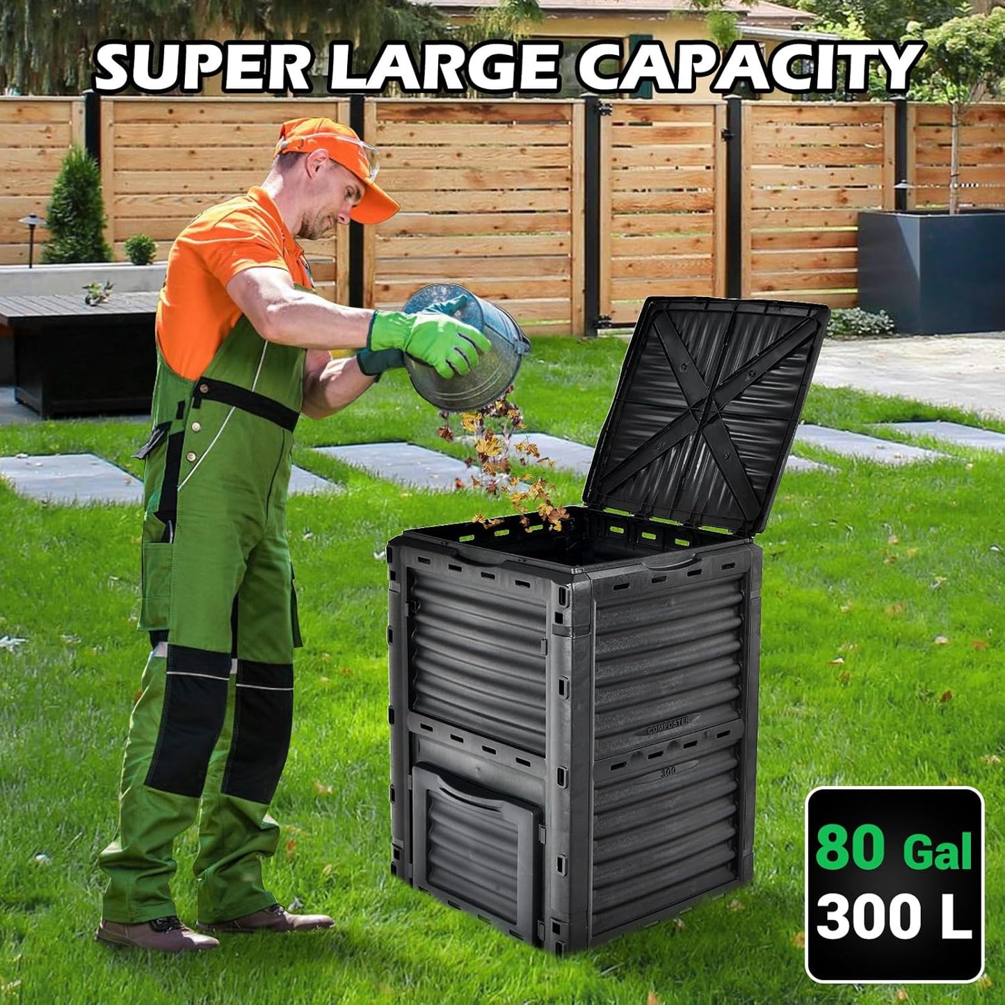 Happygrill Outdoor Compost Bin, Composting Box w/Top Flip Latch-on Lid,80 Gallons Composter for Kitchen Waste & Garden Scraps, Compost Barrel for Fast Creation of Fertile Soil (Black)