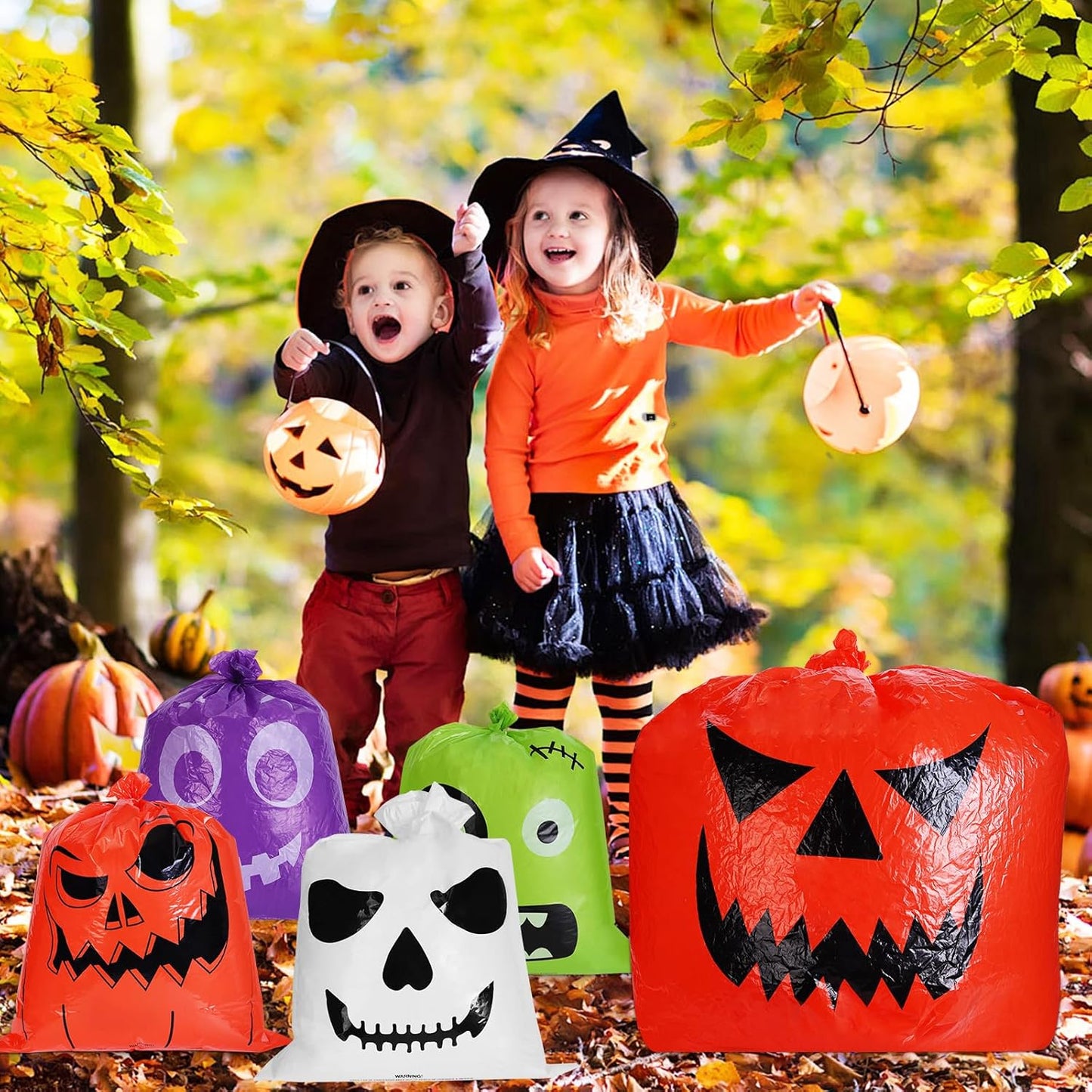 Halloween Pumpkin Leaf Bags, 10 Pcs Large Reusable Plastic Yard Trash Bags with Twist Ties for Fall Porch Decorations, Garden Waste & Outdoor Halloween Decorations