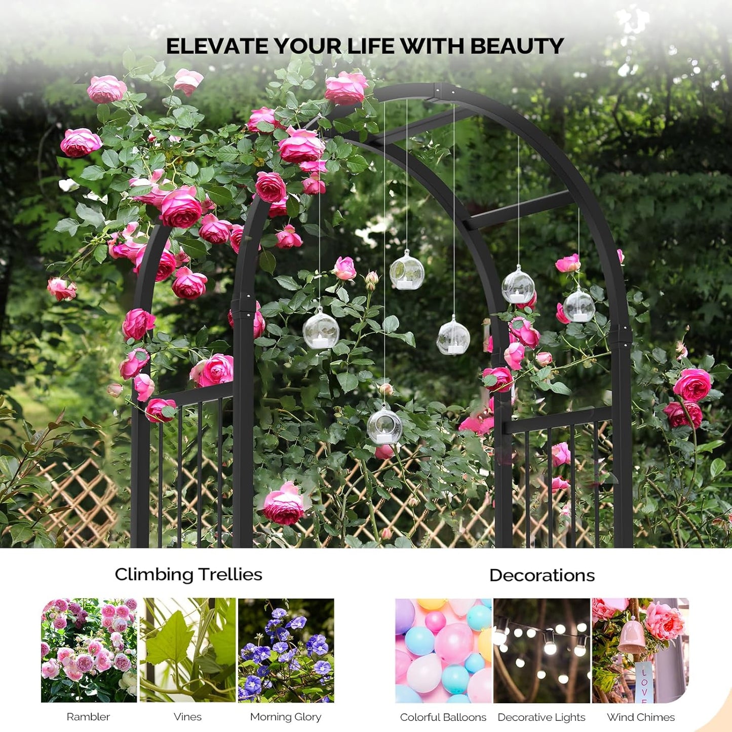 VINGLI Garden Arbor with Gate, PVC Frame Trellis Garden Arch for Plant Climbing, Vinyl Pergola Wedding Arch Backdrop Standing for Backyard, Lawn, Event (Black)