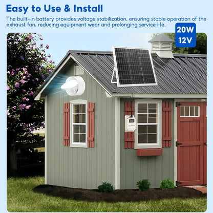 SUNYIMA Solar Powered Fan with Battery,20W Solar Panel Weatherproof+ 8'' Solar Exhaust Fan with 9.84Ft On/Off Cable for Greenhouse Circulation, Chicken Coop, Shed, Pet Houses, Ventilation