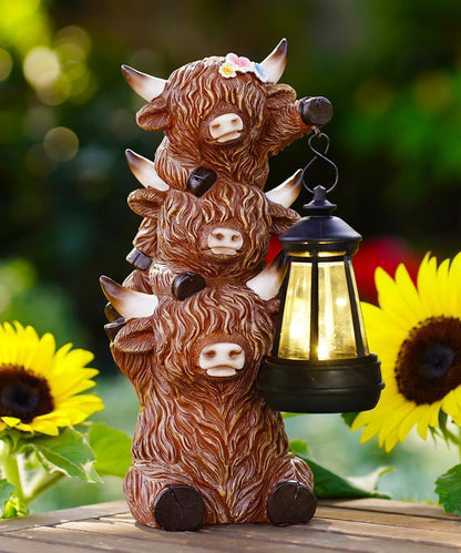 Solar Highland Cow Outdoor Decor:Garden Statue Outside Lantern Ornaments for Yard Lawn Patio Porch- Unique Gifts for Mom Women Grandma(Brown)