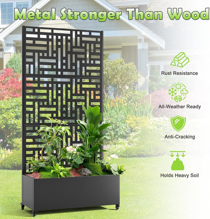 15.7"×70.9"×35.4" Metal Raised Garden Bed with Trellis and Wheels - Tall Trellis Planter Box for Climbing Plants, Vegetables & Vines - Outdoor Privacy Planters for Patio (Black-Helen)