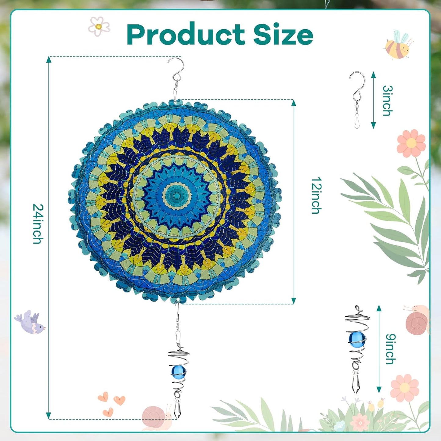 12 Inch Mandala Wind Spinners with Gazing Ball Spiral Tail, Outdoor 3D Stainless Steel Hanging Spinner Mandala Wind Catchers Sculpture for Indoor Outdoor Garden Yard Decoration(Blossom)