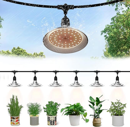 6-Light Outdoor LED Grow Lights – Waterproof Full Spectrum Greenhouse Lights for Plants, 21.3FT Adjustable String Lights with 288 LEDs E26 Base Bulbs, IP44 Waterproof for Garden, Farm, Yard