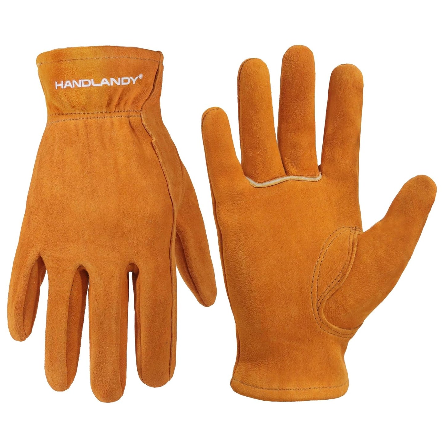 HANDLANDY Kids Genuine Leather Work Gloves for ages 3-11, Children Gardening Gloves for Boys, Girls (Large (for age 8-11), Orange)