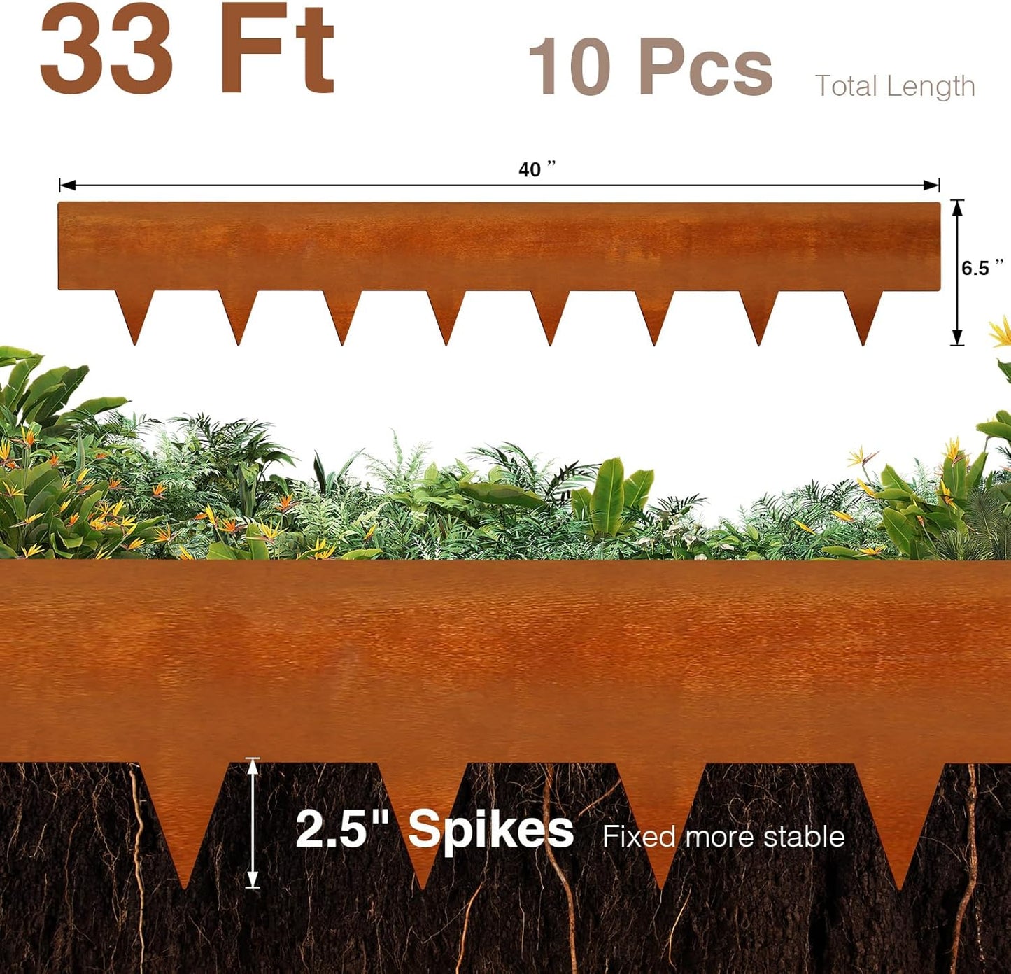 10-Pack Corten Steel Landscape Lawn Edging 6.5 inch Height, Rust Patina Finish Bendable Metal Strips, Hammer-in Edge Border - Yard Pathway Divider, 40 inch Each(33Ft Total), #LYLB65RT-US