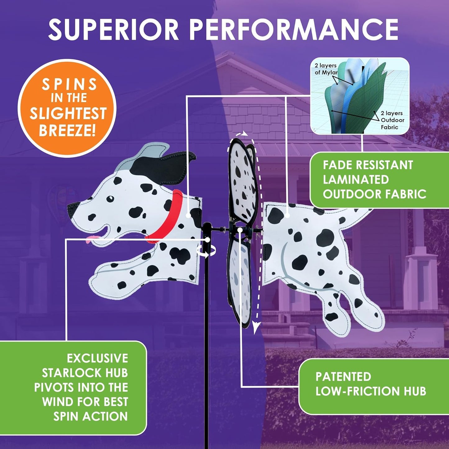 Premier Kites Petite Spinner Dalmation – Whimsical Wind Spinner for Yard & Garden, Durable Weather-Resistant Fabric, Easy to Assemble, Outdoor Decor for Patios, Lawns, & Fairy Lovers