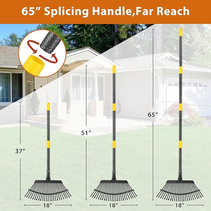 Rake, 65 Inch Long Garden Rake, 25 Tines 18 Inch Wide Heavy Duty Metal Leaf Rakes for Leaves Shrub, Yard Thatching Rakes with Adjustable Long Handle for Wees,Debris, Leaves,Grass