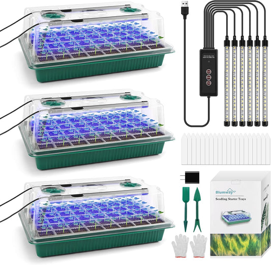 BlumWay Seed Starter Tray with Grow Light,3 Pack 120 Cells Seedling Tray with Humidity Dome/Indoor
