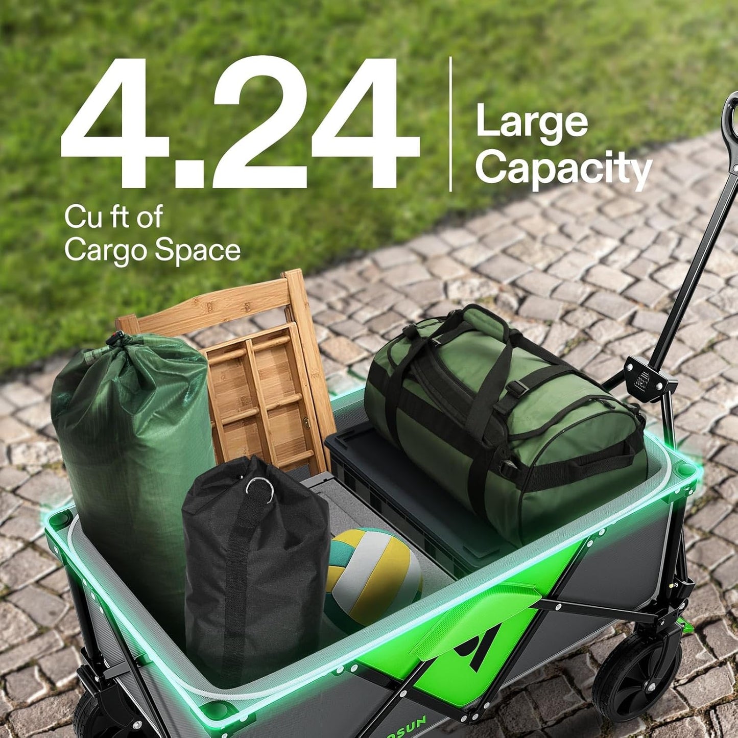 VIVOSUN Collapsible Folding Wagon, Outdoor Utility with Silent Universal Wheels, Cup Holders & Side Pockets, Adjustable Handle, for Camping, Garden, Sports, Picnic, Shopping, 220LBS, Grey & Green