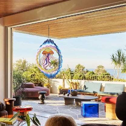 Jellyfish Wind Spinners, 12 inch 3D Stainless Steel Hanging Wind Spinner, Kinetic Sculpture, Blue, Marine Life, Garden Decor