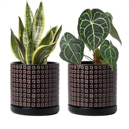 D'vine Dev Set of 2 Ceramic Planter Pots with Drainage Hole and Saucer, 6 Inch Plant Pots for Plants Indoor Houseplants, Black, 99-Z-A-2-Y