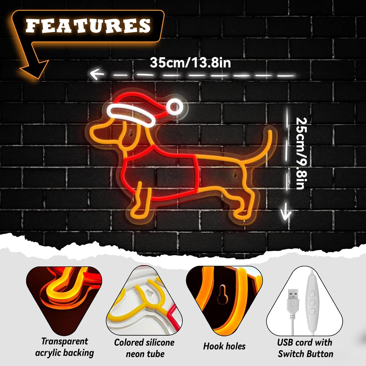 Dimmable Dachshund Neon Sign - Cute Dog with Christmas Hat - Led Light Sign for Home, Bedroom, Party Decor