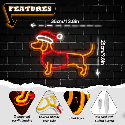 Dimmable Dachshund Neon Sign - Cute Dog with Christmas Hat - Led Light Sign for Home, Bedroom, Party Decor