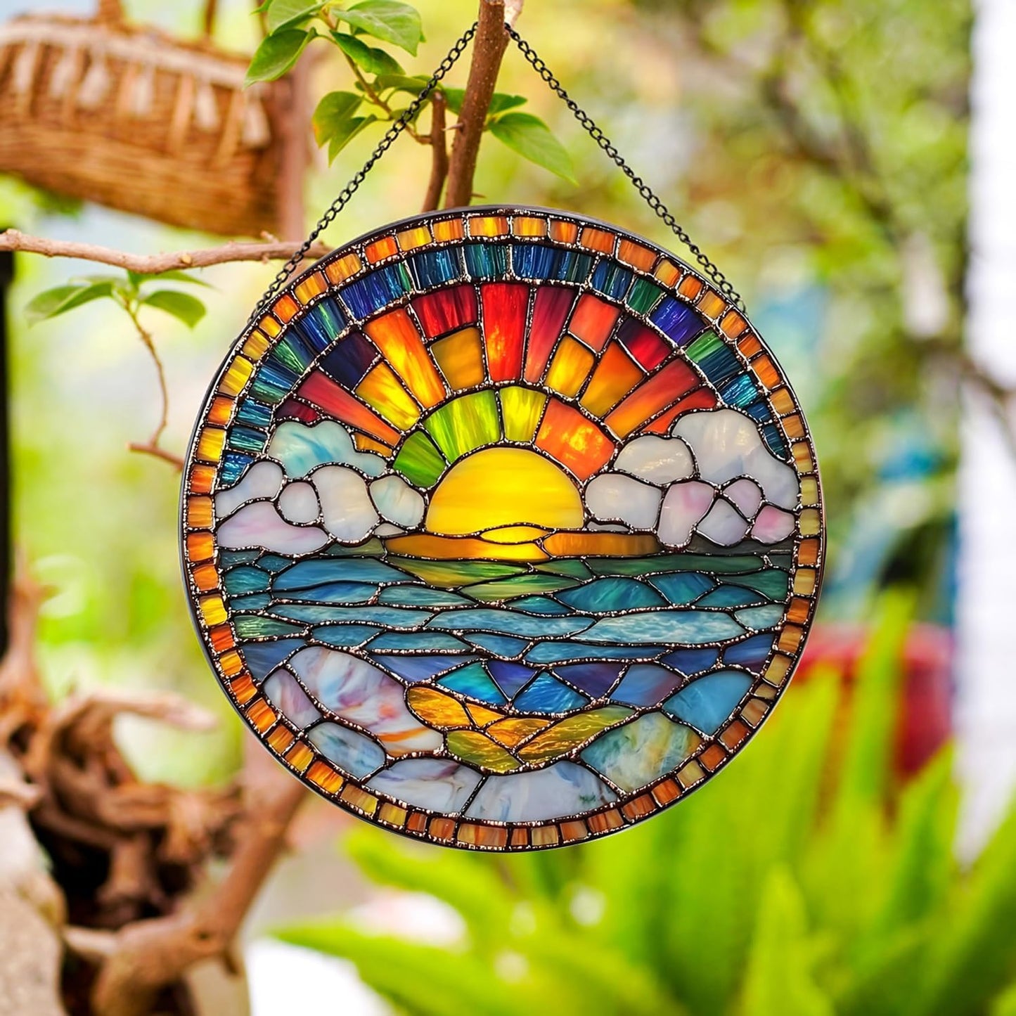 20cm/7.87inch Hanging Stained Glass for Windows,Sunrise Stained Glass Suncatcher Garden Hangings Christmas Mother's Day, Valentine's Day Ornaments Festival Housewarming Gift