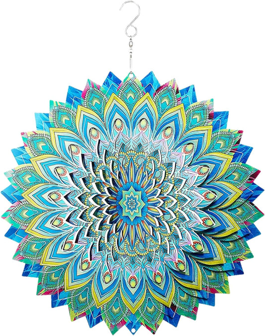 Peacock Wind Spinner,12.1in Green Bird Feather Style Spinner Hanging Ornaments,3D Kinetic Art Garden Sculptures,Sun Catcher Outdoor Metal Large Spinning Yard Decor,Big Craft Decorations for Garden