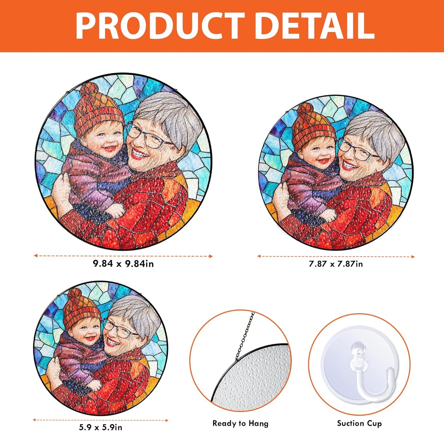 LOVELYPOD Custom Grandma and Grandkids Faux Stained Glass Sun Catcher, Personalized Family Portrait Window Hanging, Gifts for Grandma, Mom Photo Gifts, Custom