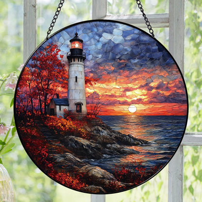 Coastal Lighthouse in Autumn Suncatcher -7.9 in Stained Glass Window Hanging Sun Catcher Garden Decor