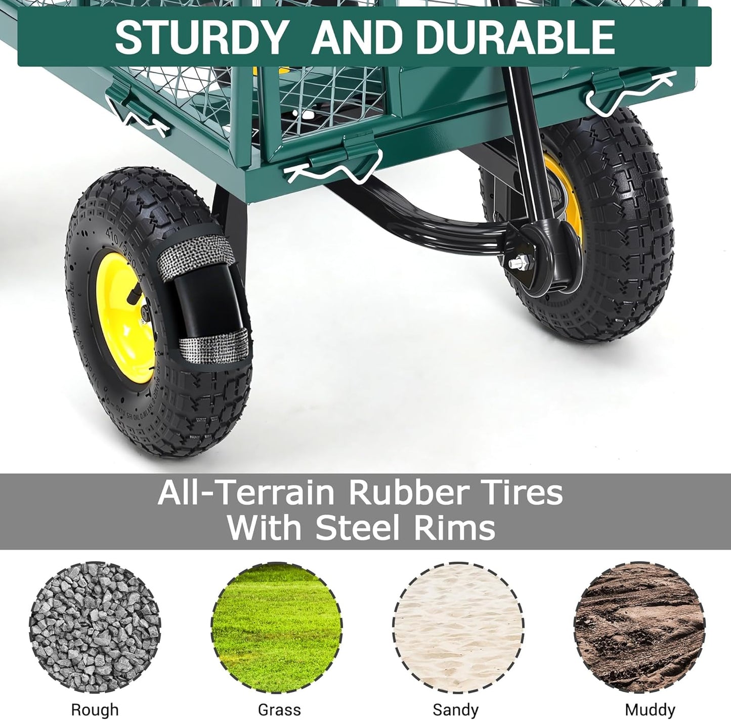 Heavy Duty Garden Cart On Wheels - 880LBS Metal Wagon with 10" Pneumatic Wheels, 180° Rotating Handle & Removable Sides - All-Terrain Yard Wagon for Farm, Beach & Outdoor Use