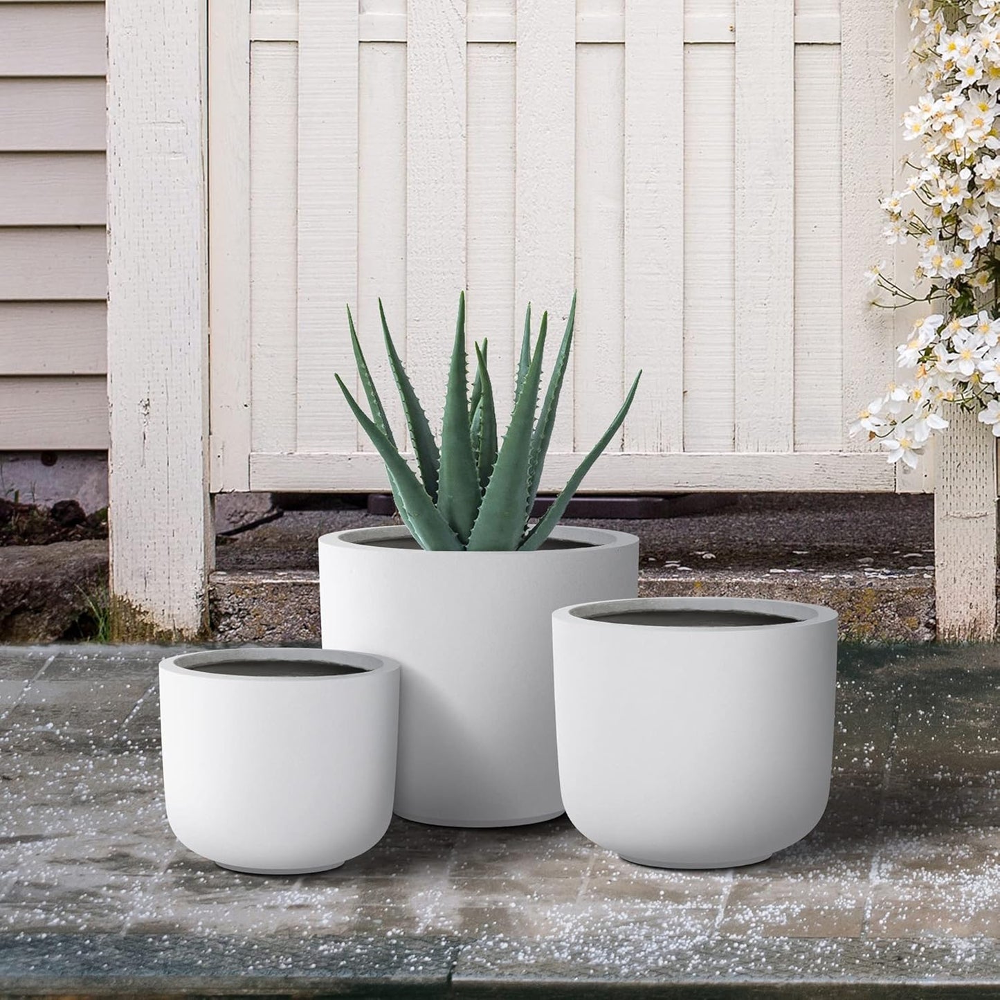 Kante 13",11",9" Dia Pure White Concrete Round Planters (Set of 3), Outdoor Indoor Modern Planter Pots, Lightweight, Weather Resistant, Seamless with Drainage Hole
