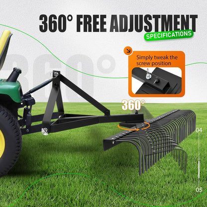 KUAFU 60" Landscape Rake, 3 Point Rake 360 Rotation Compatible with Category 1 Cat1 Compact Tractors Tow-Behind Garden Tool for Garden, Farm, Clearing Brush, Raking Arenas 2 Package Black
